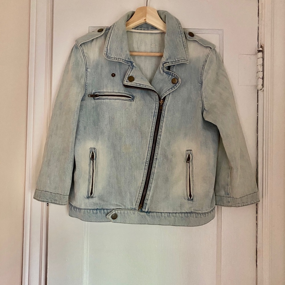 Cropped Denim Motorcycle Jacket